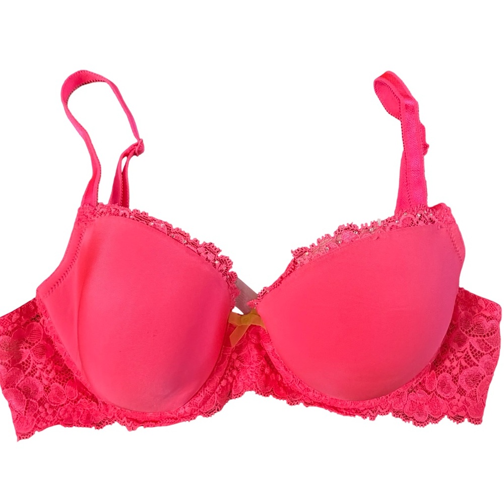 Victoria’s Secret Dream Angels Lined Demi Buste Hot Pink Lace Trim Bra Size 34C